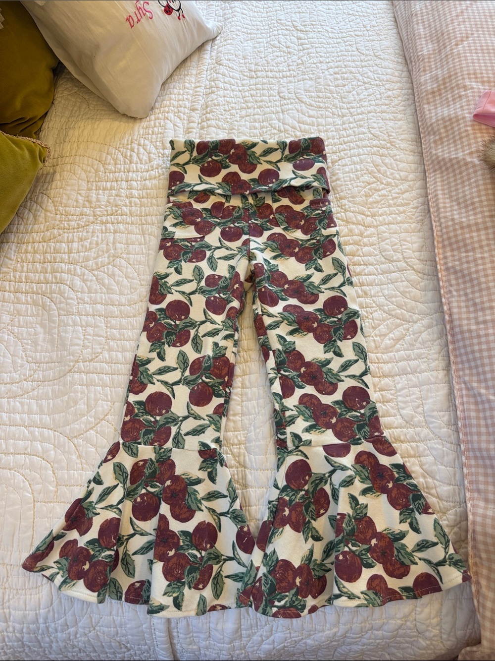 Girls Cream Red Cherry Flare Leggings